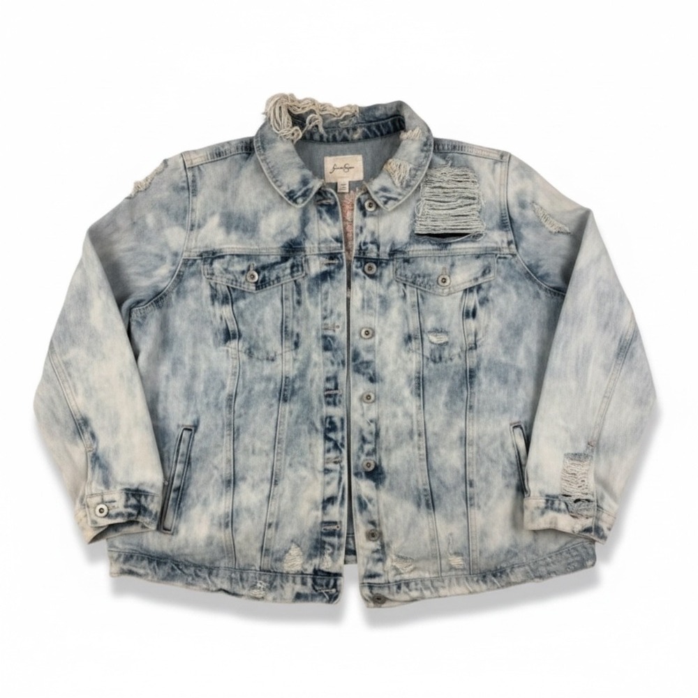 Jessica Simpson Boho Distressed Denim Cotton Jacket Floral Back 2X